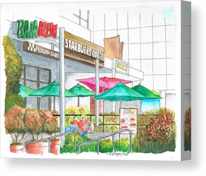  Wilshire Blvd Canvas Print featuring the painting Starbucks Coffee in Miracle Mile, Wilshire Blvd., Los Angeles, California by Carlos G Groppa