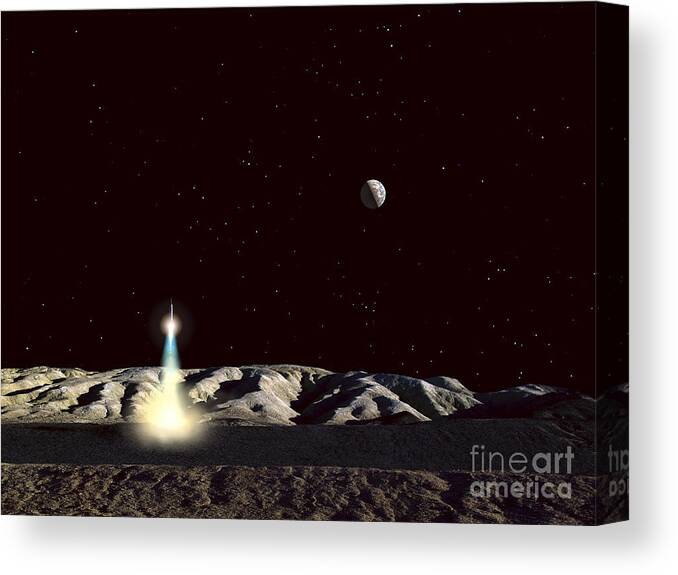 Spaceship Canvas Print featuring the digital art The Earth Hangs In The Low Lunar Sky by Frank Hettick