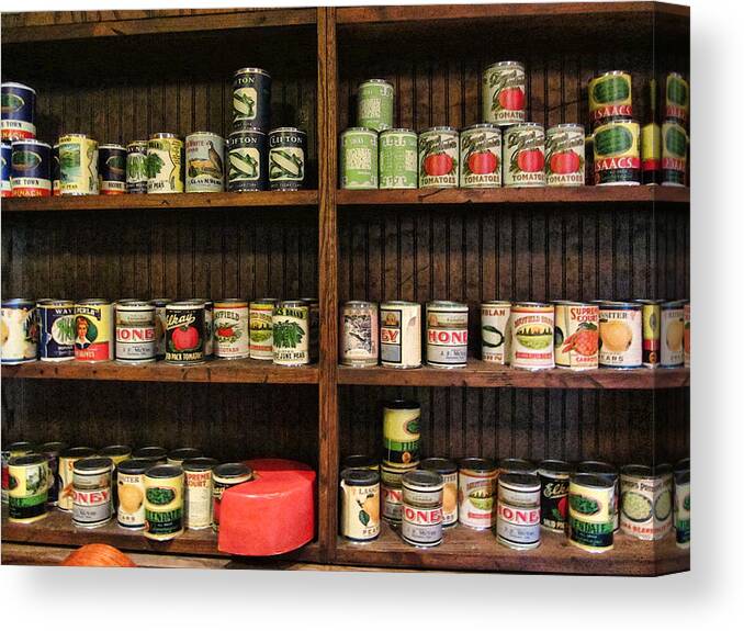 Canned Goods Canvas Print featuring the photograph The Vintage Pantry At Vulcan by Kathy Clark