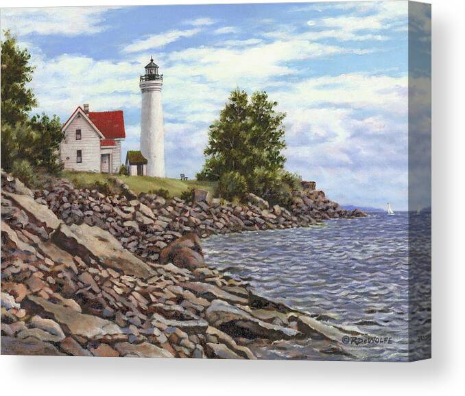 Thousand Islands Canvas Print featuring the painting Tibbetts Point Lighthouse by Richard De Wolfe