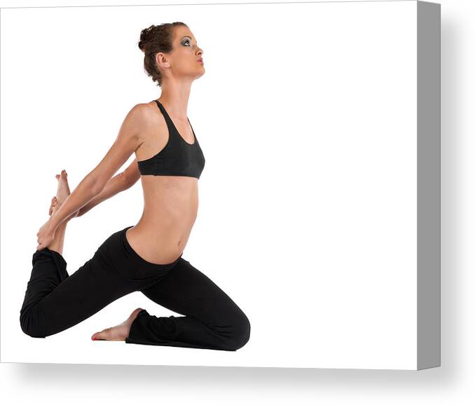 Yoga Sports Exercise Fit Fitness Young Beautiful Woman Girl Lady Pretty King Pigeon Pose Position Health Pants Sports Bra Isolated White Background Black Canvas Print featuring the photograph Yoga King Pigeon Pose by Jim Boardman