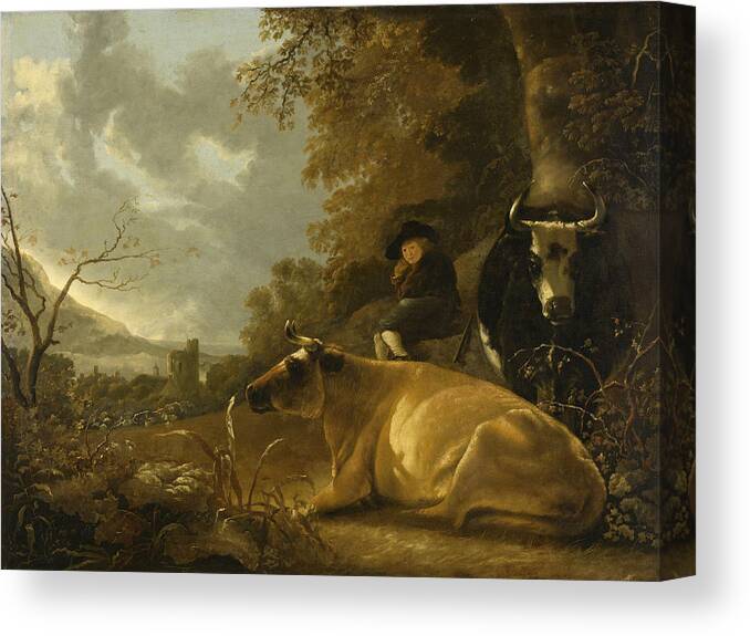 Aelbert Cuyp Canvas Print featuring the painting Landscape with Cows and a Shepherd Boy #1 by Aelbert Cuyp