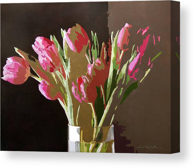 Florals Canvas Print featuring the painting Pink Tulips in Glass by David Lloyd Glover
