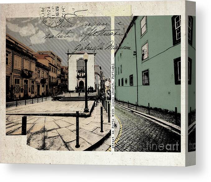 Street Canvas Print featuring the digital art stylish retro postcard of Porto #6 by Ariadna De Raadt