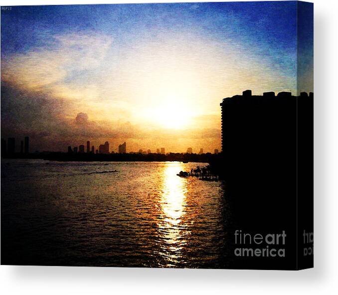 Sunset Canvas Print featuring the digital art Sunset Over Miami #1 by Phil Perkins