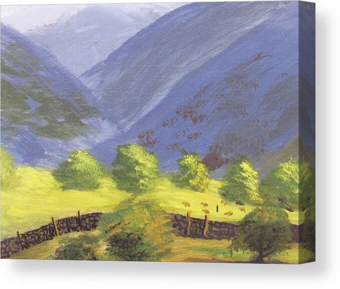 Mountains Canvas Print featuring the painting There is mist up here #1 by Trilby Cole