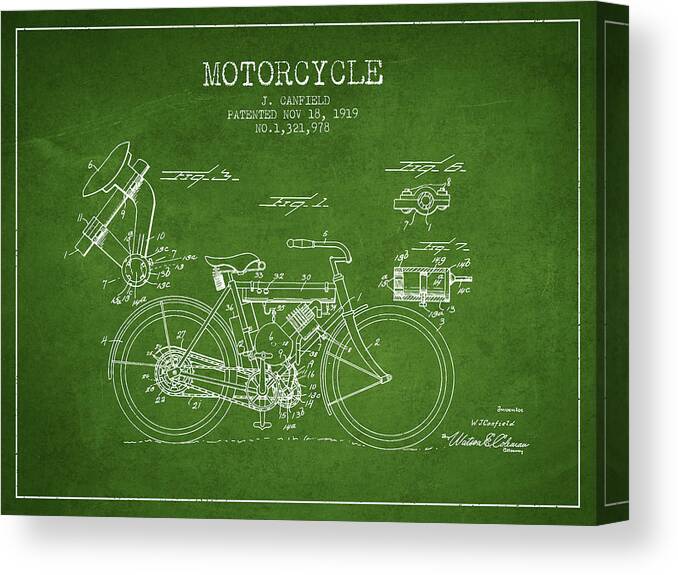 Motorbike Canvas Print featuring the digital art 1919 Motorcycle Patent - Green by Aged Pixel