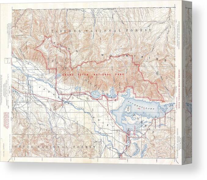 1929 U.s.g.s. Map Of Grand Teton National Park Canvas Print featuring the photograph 1929 USGS Map of Grand Teton National Park Wyoming by Paul Fearn