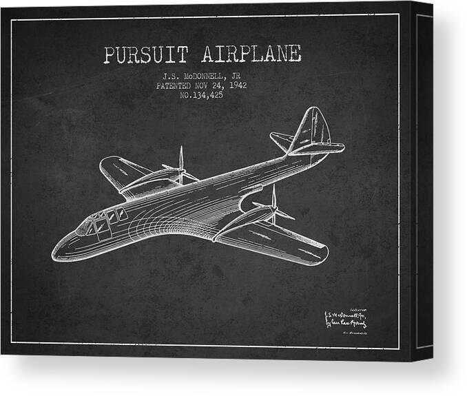 Airplane Canvas Print featuring the digital art 1942 Pursuit Airplane Patent - Charcoal by Aged Pixel