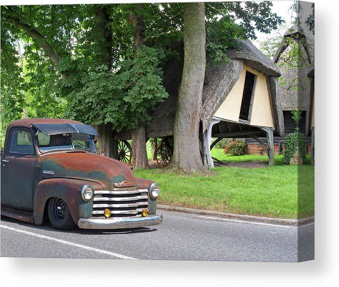 Chevrolet Truck Canvas Print featuring the photograph 1950 Rusty Chevy Truck Outside Old Barn by Gill Billington