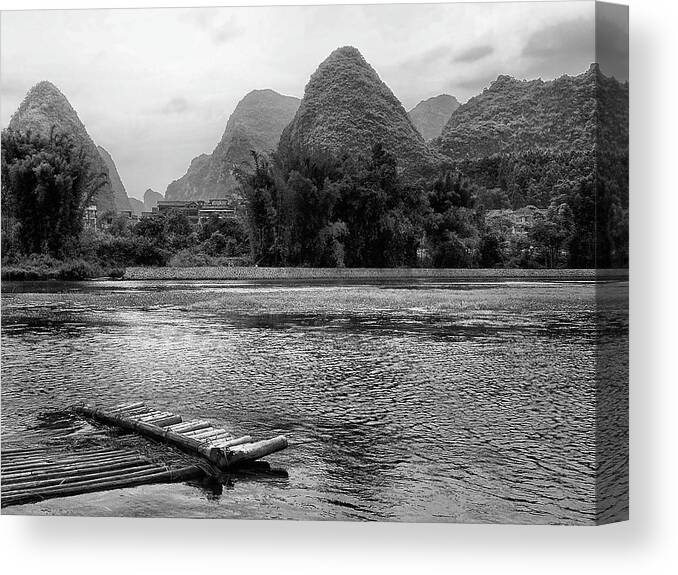 China Canvas Print featuring the photograph Yulong River drifting -ArtToPan- China Guilin scenery-Black and white photograph #3 by Artto Pan