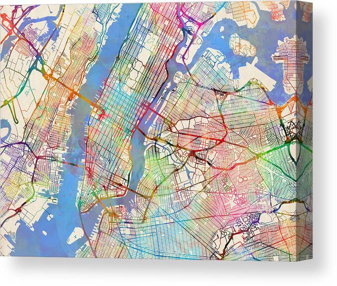 New York Canvas Print featuring the digital art New York City Street Map by Michael Tompsett