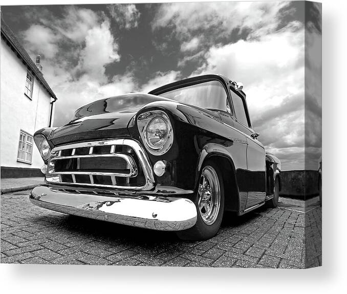 Chevrolet Truck Canvas Print featuring the photograph 57 Stepside Chevy in Black and White by Gill Billington