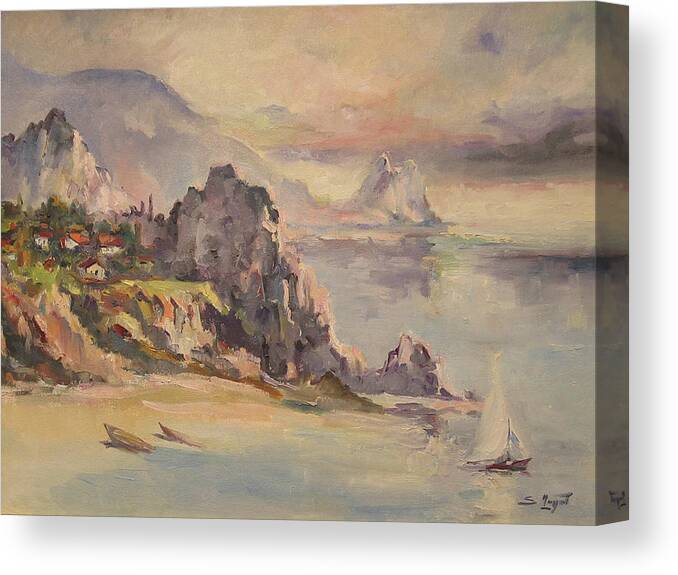 Sea Canvas Print featuring the painting A village behind the cliff by Tigran Ghulyan