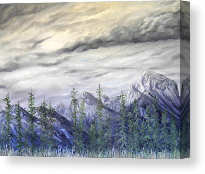 Mountains Trees Grasses Clouds Sky Ground Landscape Range Light Shadow Dark Moody Blue White Grey Violet Green Yellow Brown Orange Crevasses Fir Cedar Pine Branches Needles Leaves Rock Granite Basalt Canvas Print featuring the painting And Far Away by Ida Eriksen