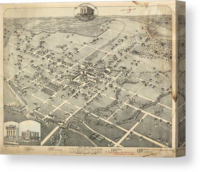 Antique Birds Eye View Map Of Denton Canvas Print featuring the drawing Antique Maps - Old Cartographic maps - Antique Birds Eye View Map of Denton, Texas, 1883 by Studio Grafiikka