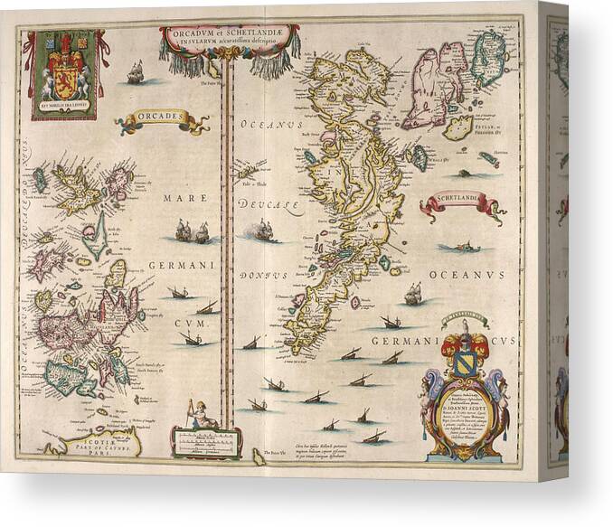 Antique Map Canvas Print featuring the drawing Antique Maps - Old Cartographic maps - Antique Map of Schetland and Orkney Islands - Scotland,1654 by Studio Grafiikka