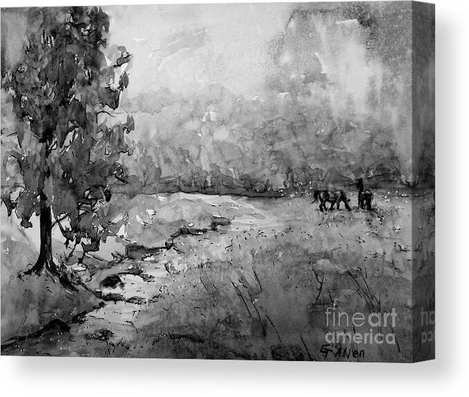 Black And White Painting Canvas Print featuring the painting Aska Farm Horses in BW by Gretchen Allen