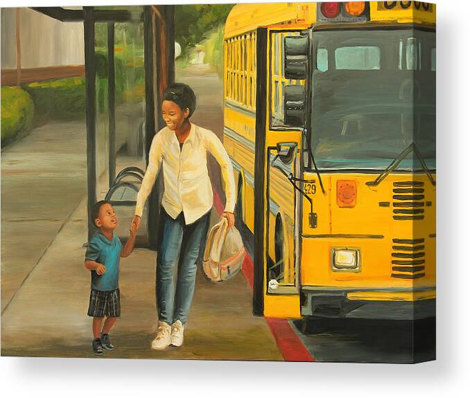 School Bus Canvas Print featuring the painting At The Bus Stop by Emily Olson