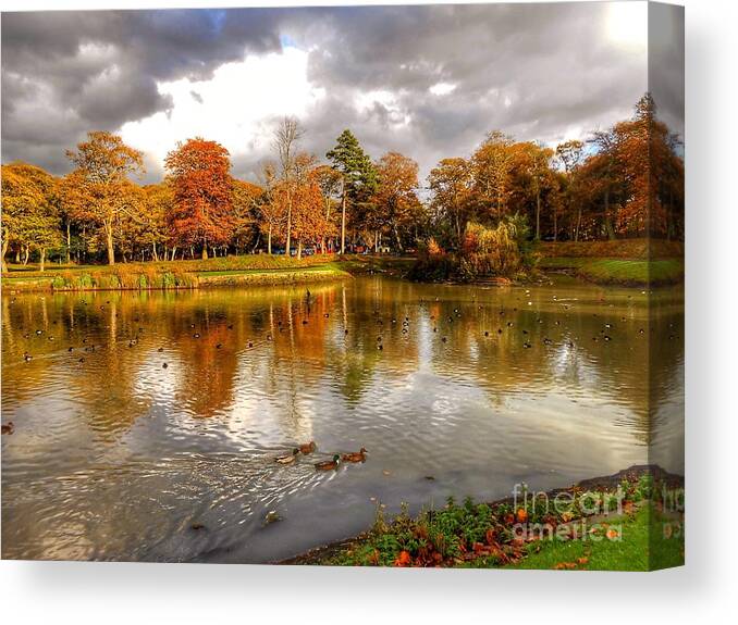 Southport Canvas Print featuring the photograph Autumn Over The Lake at Hesketh Park 2 by Joan-Violet Stretch
