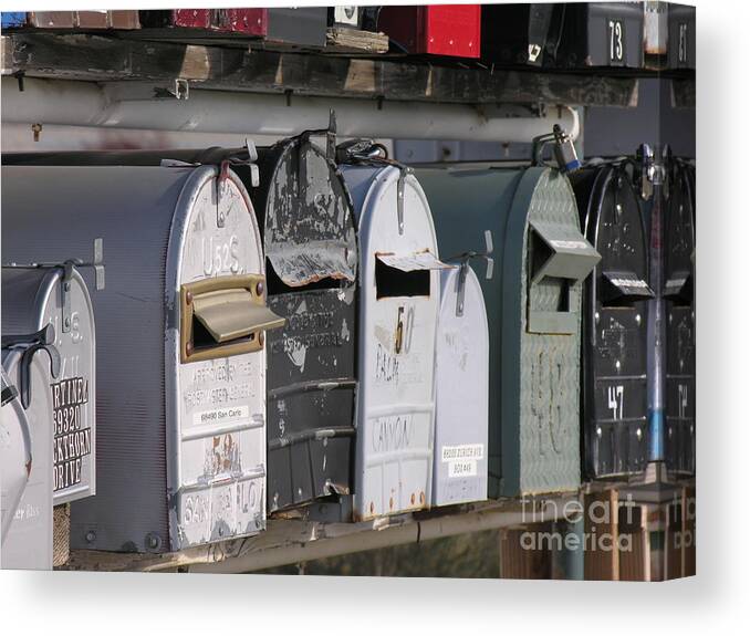 Mail Boxes Canvas Print featuring the photograph Awaiting Mail also by Diane Lesser