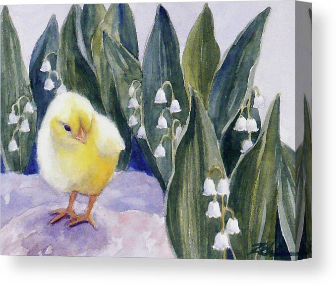 Baby Chick Canvas Print featuring the painting Baby Chick and Lily of the Valley Flowers by Janet Zeh