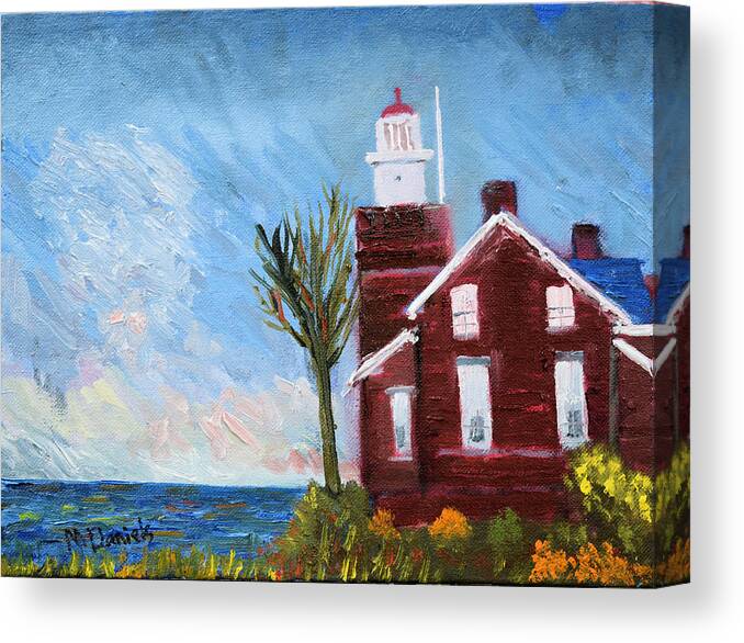  Lighthouse Lake Superior Bed And Breakfast Skyscape Blue Red Orange Canvas Print featuring the painting Big Bay Lighthouse by Michael Daniels