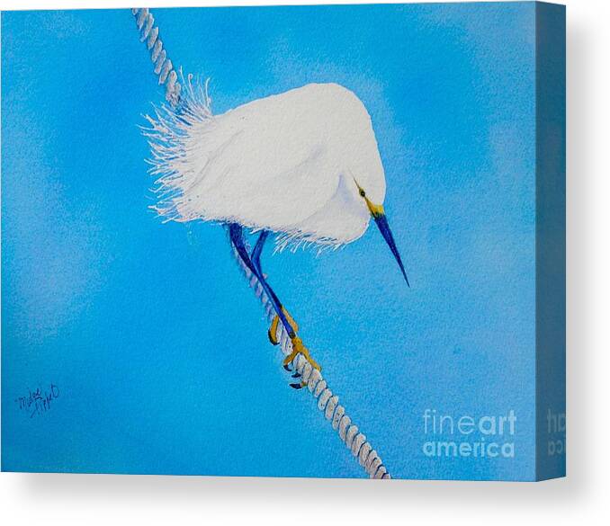 Blue Canvas Print featuring the painting Bird on a Wire by Midge Pippel