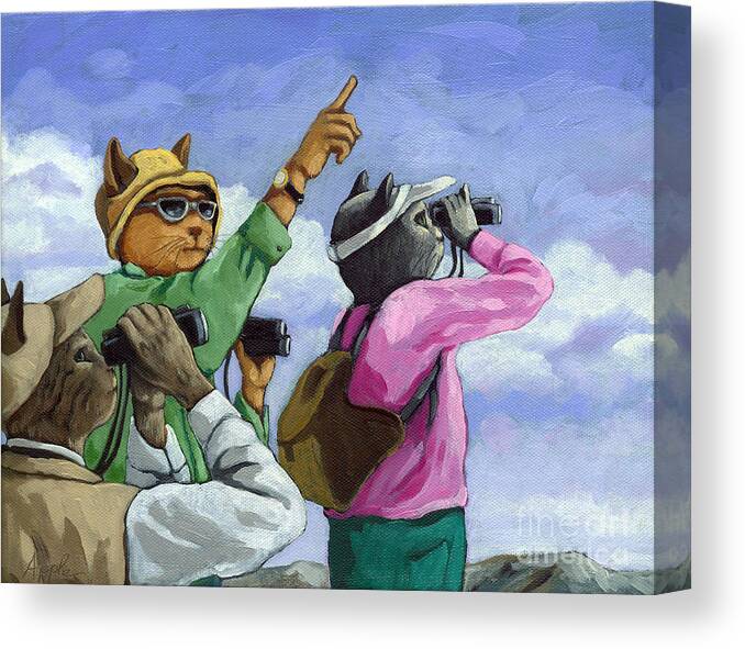 Cat Portrait Canvas Print featuring the painting BIRD WATCHERS - fantasy cat oil painting by Linda Apple