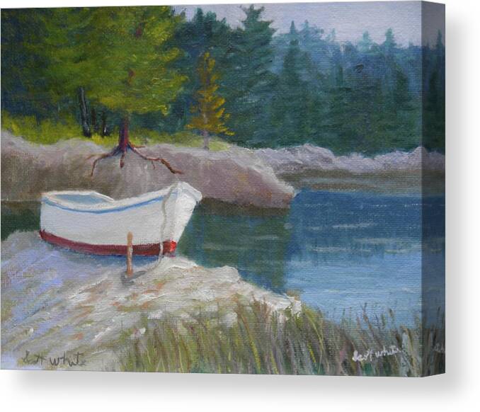 Landscape Boat River Rocks Trees Grass Dock Canvas Print featuring the painting Boat On Tidal River by Scott W White