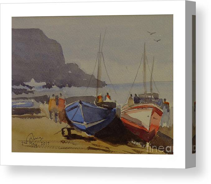 Boats Canvas Print featuring the painting Boats At Quay by Godwin Cassar