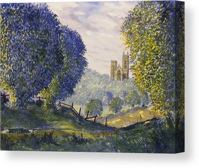 Glenn Marshall Yorkshire Artist Canvas Print featuring the painting Bridlington Priory from Woldgate on the Hockney Trail by Glenn Marshall
