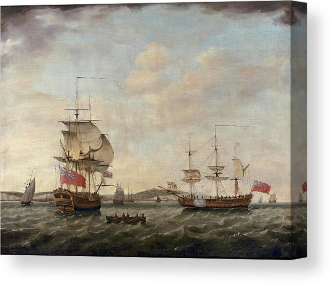 Francis Holman Canvas Print featuring the painting British 6th Rate Man of War Off Dover by Francis Holman