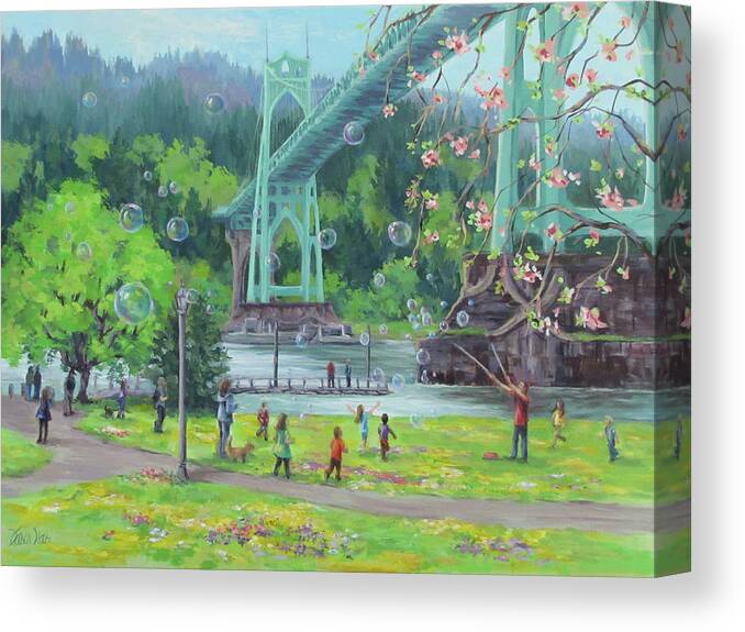 Portland Canvas Print featuring the painting Bubbly Bridge by Karen Ilari