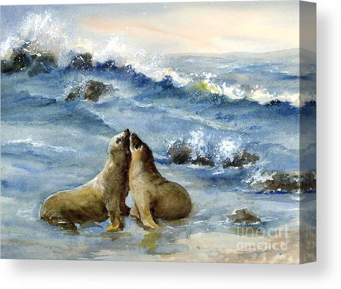 A Lovely Sea Lion Couple Stealing Kisses As Waves Crash On The Rocks Behind Them. Canvas Print featuring the painting California Sea Lions by Virginia Potter
