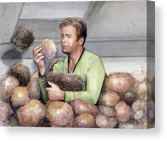 Star Trek Canvas Print featuring the painting Captain Kirk and Tribbles by Olga Shvartsur