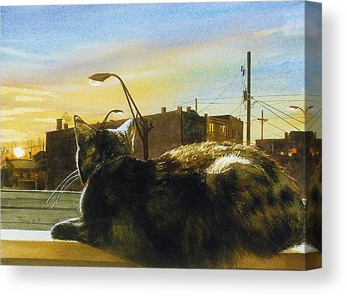 Cat Canvas Print featuring the painting Cat in the City by Robert Tracy