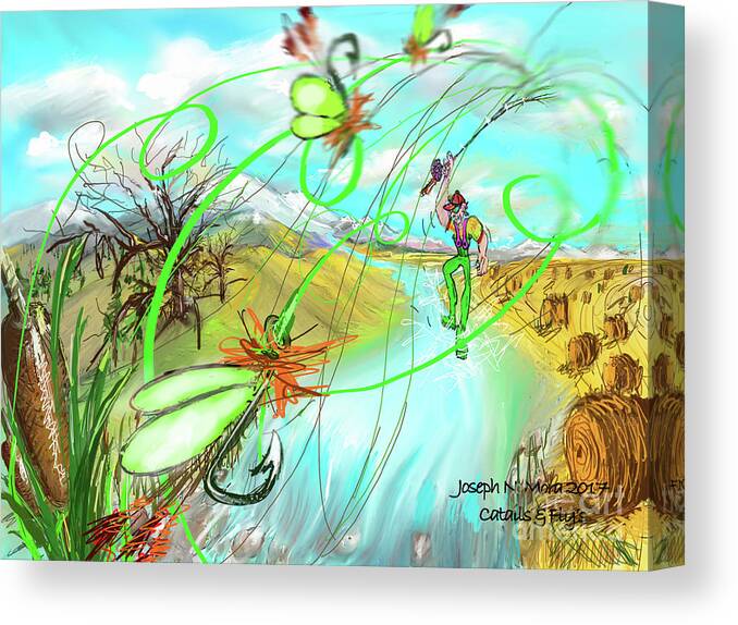 Flys Fishing Canvas Print featuring the digital art Catails and Flys by Joseph Mora