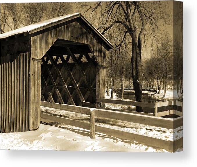 Covered Bridge Canvas Print featuring the photograph Cedarburg Covered Bridge in Winter Sepia by David T Wilkinson