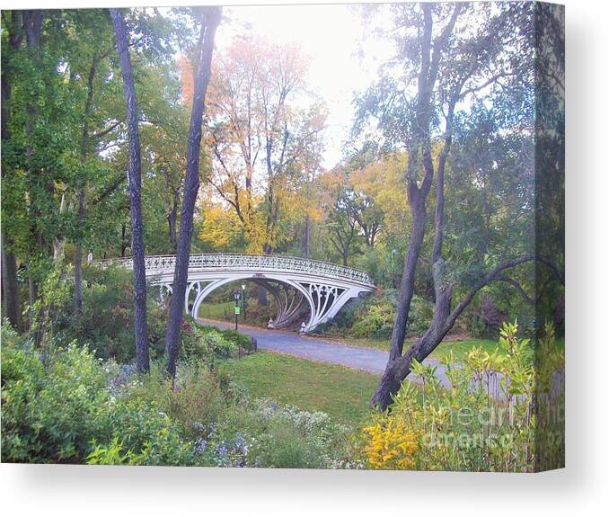 Central Park Canvas Print featuring the photograph Central Park in Autumn at Gothic Bridge by Carol Riddle