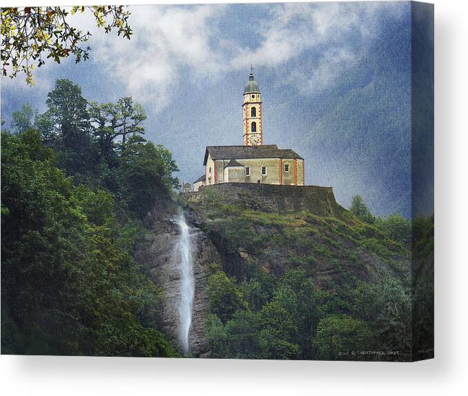Italy Canvas Print featuring the digital art Church And Waterfall In Italy by R christopher Vest