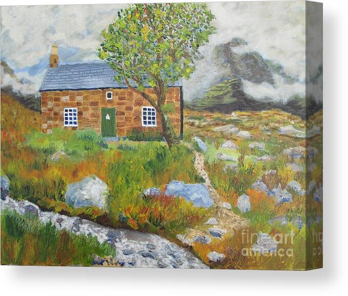 Coire Fionnaraich Bothy Canvas Print featuring the painting Coire Fionnaraich Bothy Mountain Rescue Coulags Scottish Highlands by Edward McNaught-Davis