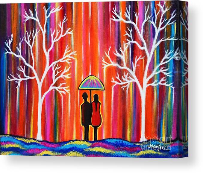 Love Canvas Print featuring the painting Colors of Love romantic colorful rainy painting by Manjiri Kanvinde