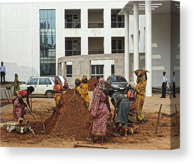 Construction Canvas Print featuring the photograph Construction laborers and guards, Bhubaneswar 2010 by Chris Honeyman