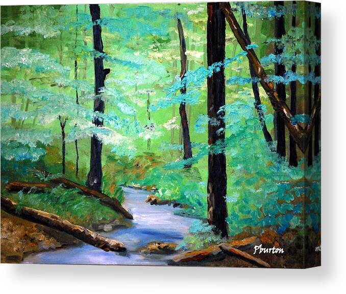 Mountain Stream Water Serenity Nature Plien Air Woods Landscape Wallow Trails Trees Foilage Summer Canvas Print featuring the painting Cool Mountain Stream by Phil Burton