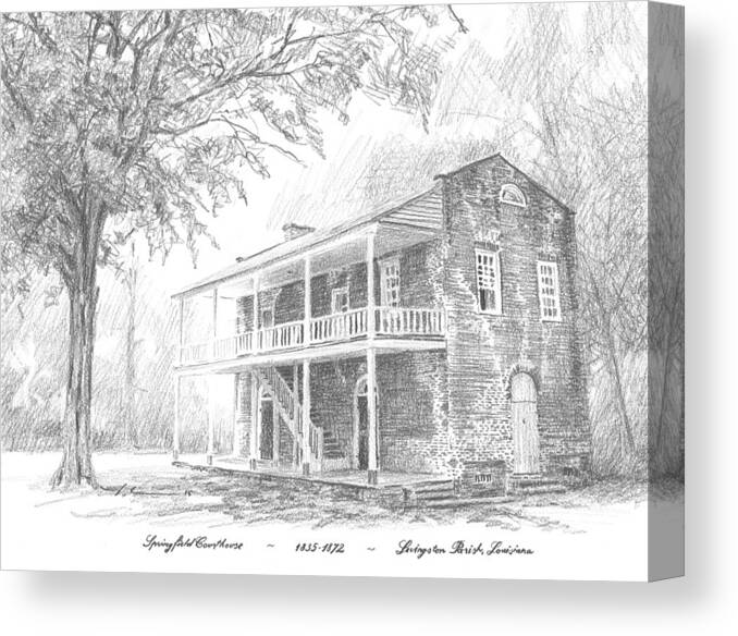 Www.miketheuer.com Courthouse Livingston Parish Louisiana Canvas Print featuring the drawing courthouse Livingston Parish LA by Mike Theuer