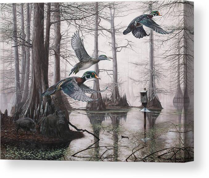 Duck Hunting Canvas Print featuring the painting Cypress Bayou Neighbors by Glenn Pollard