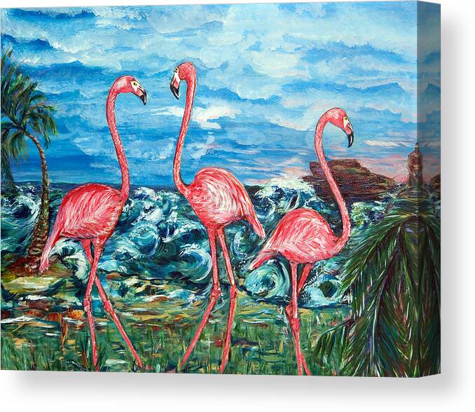 Flamingo Canvas Print featuring the painting Dancing Flamingos by Yelena Rubin