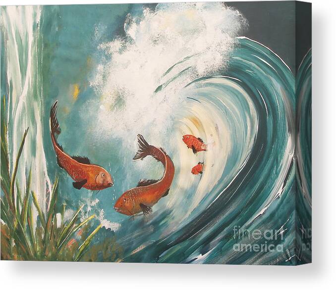 Dancing With Wave Fish Ocean Water Sea Seascape Waves Tropical Red Fish Under The Water Wild Wave Canvas Print featuring the painting Dancing With The Waves by Miroslaw Chelchowski