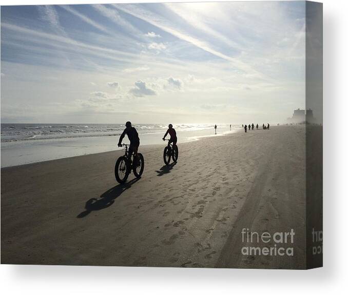 Early Morning Walking The Beach In Daytona Canvas Print featuring the photograph Daytona Beach Bikers by Audrey Peaty